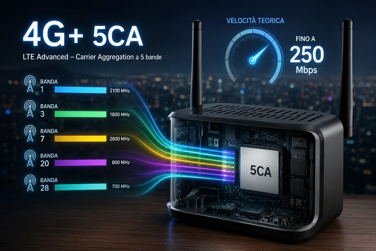 Cosa significa 4G+ 5CA in un router LTE con Carrier Aggregation a 5 bande