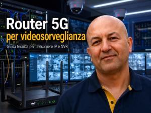 Router 5G per videosorveglianza con telecamere IP e NVR in una rete di sicurezza professionale.