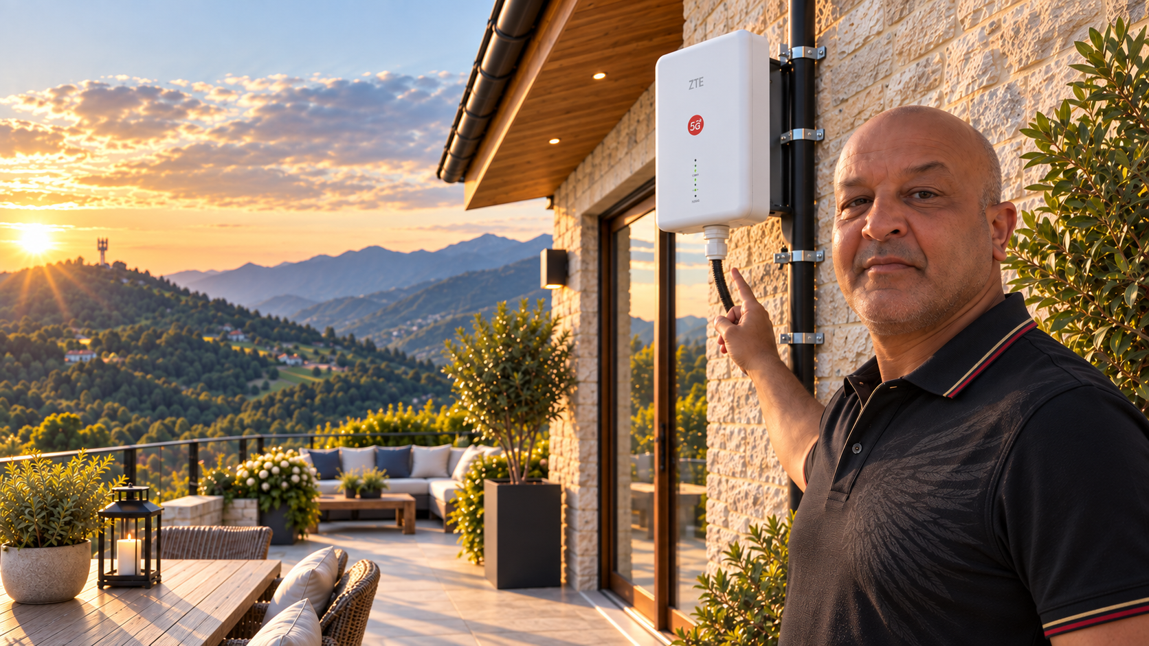 Antenna 5G esterna installata in una casa vacanza in montagna per connessione internet veloce