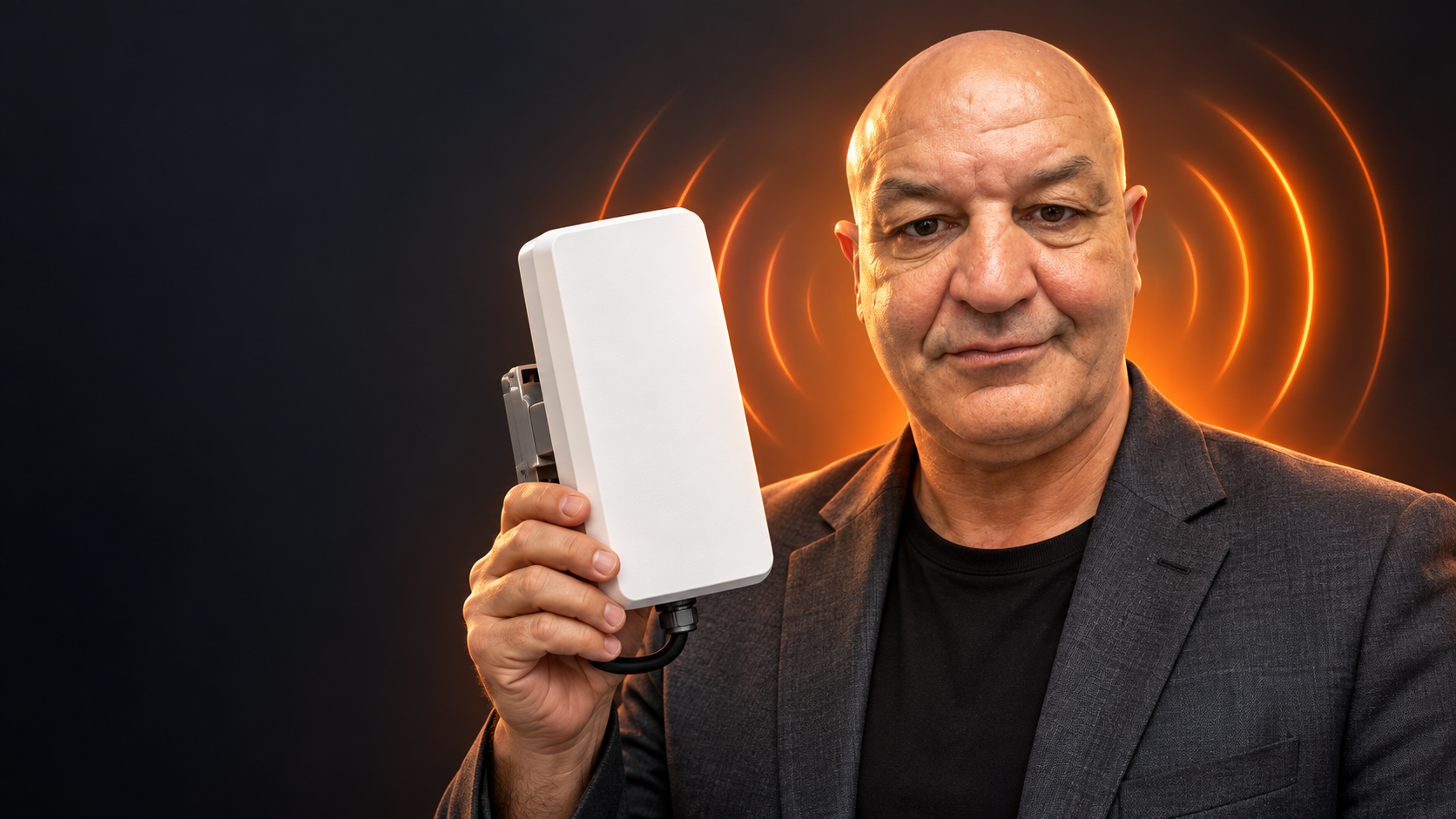Mohamed Bourbiza con un'antenna CPE 5G da esterno in mano, offerte FWA per internet casa senza fibra