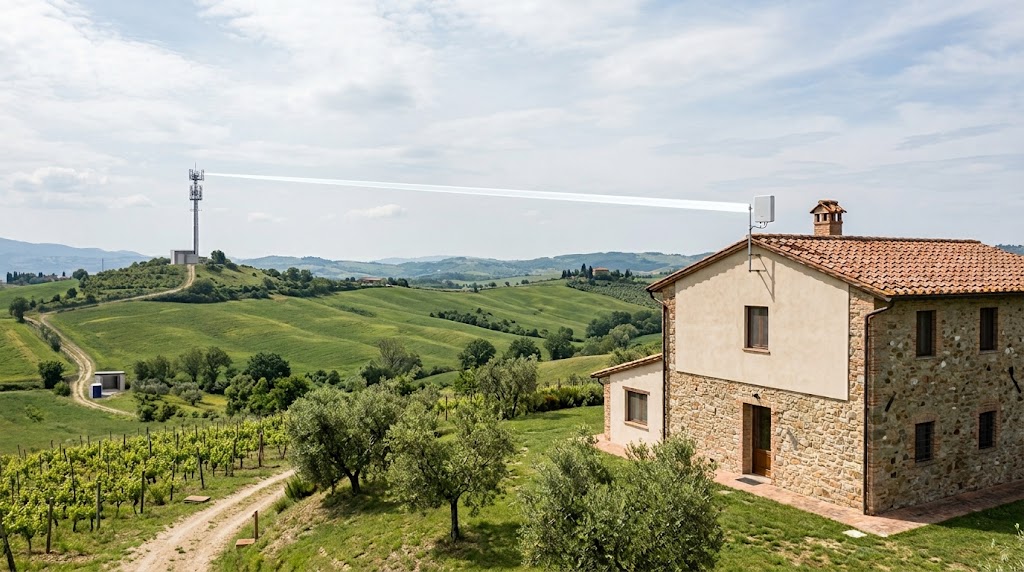 Open Fiber FWA 1 Gbps in area rurale italiana con antenna sul tetto collegata a una BTS