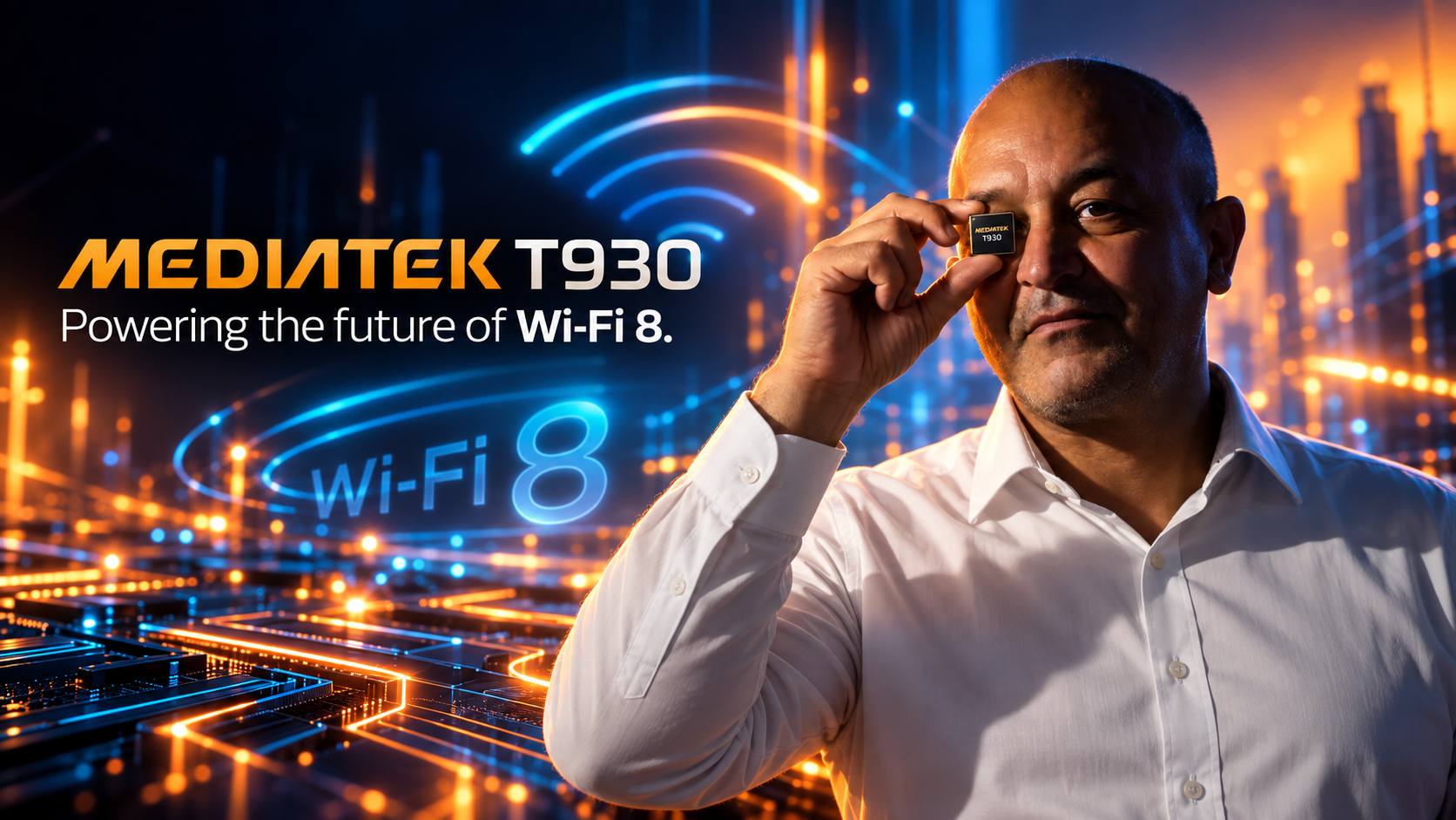 Bourbiza mostra il chip MediaTek T930 in una scena dedicata al Wi-Fi 8
