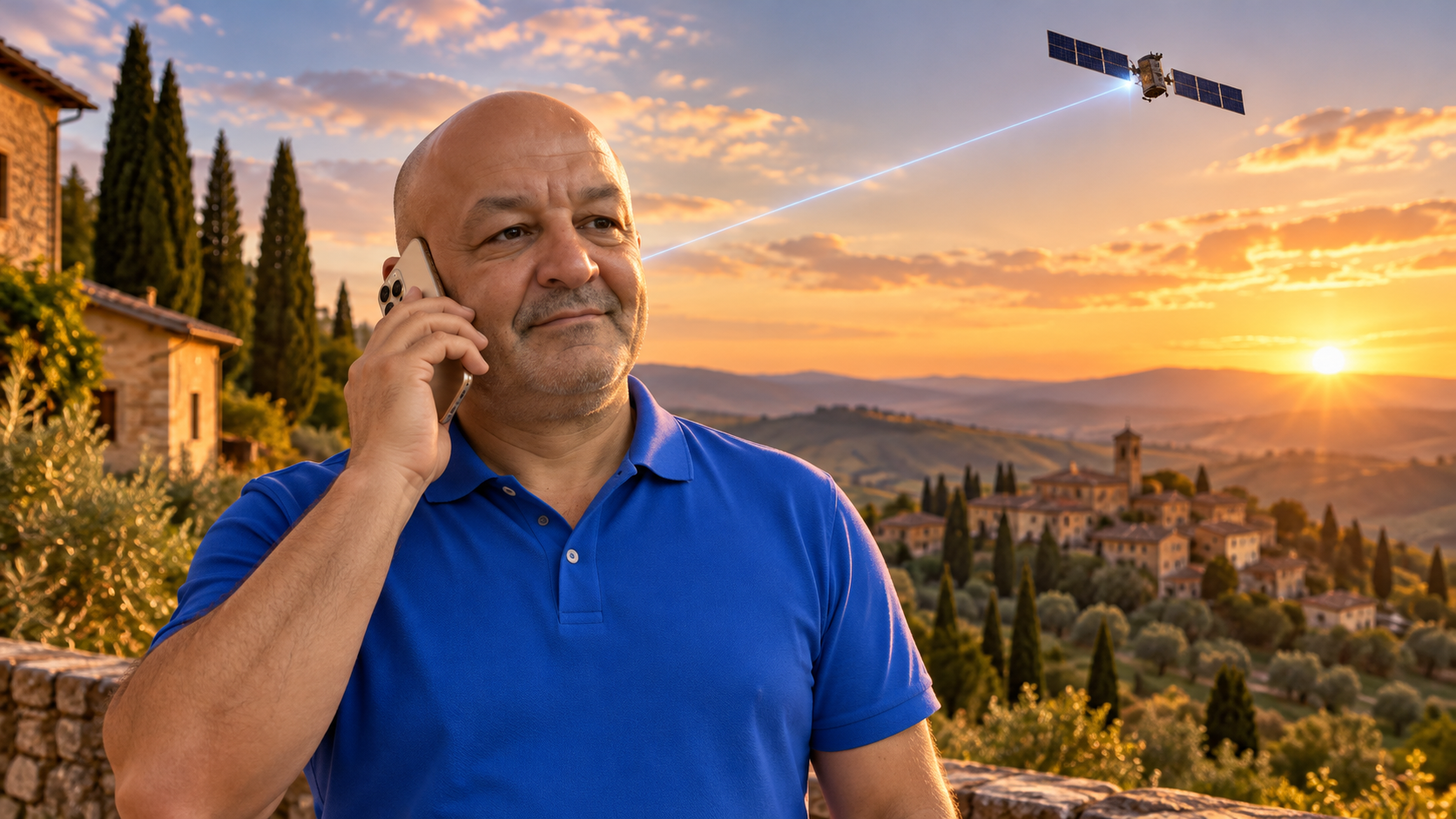 Mohamed Bourbiza al telefono con Starlink Mobile in Italia al tramonto
