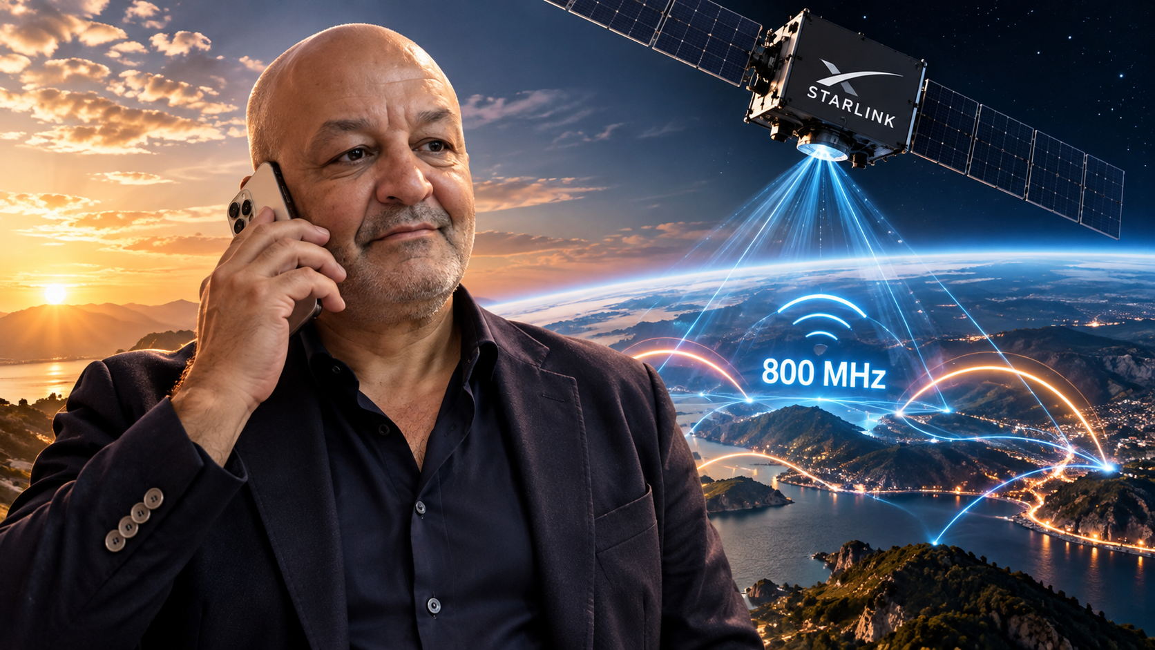 Mohamed Bourbiza al telefono con rete Starlink Mobile 800 MHz e satellite